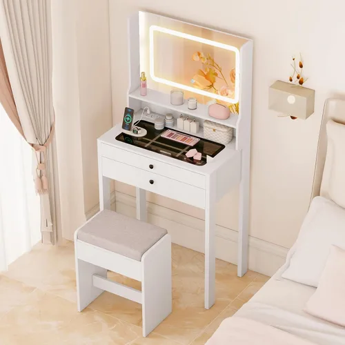 Vista 10 de CHARMAID Escritorio pequeño con espejo, escritorio de maquillaje blanco con 3 cajones, alturas ajustables, tocador compacto para dormitorio