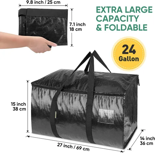 Vista 2 de BALEINE Paquete de 8 bolsas de mudanza de gran tamaño con asas reforzadas, bolsa de almacenamiento resistente para ropa, suministros de mudanza Negro