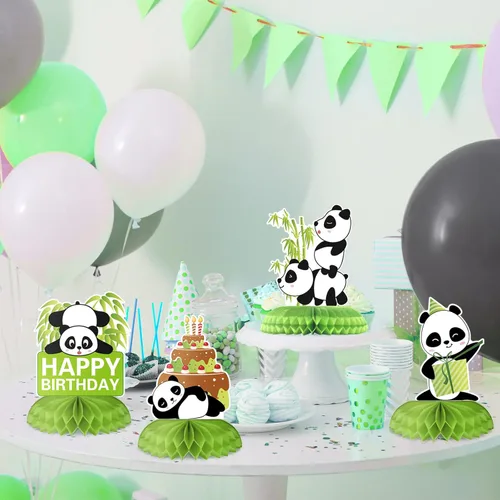 Vista 5 de Demissle 14 piezas de decoración de fiesta de panda, centros de mesa de panal, suministros de fiesta de panda, lindos centros de mesa de papel