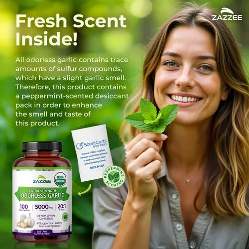 Vista 5 de Zazzee - Ajo orgánico USDA sin olor, extracto 20:1 de 5000 mg, 100 cápsulas veganas, suministro de más de 3 meses, estandarizado, extracto