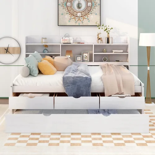 Vista 128 de Quarte Elegante cama de plataforma con estanterías en forma de L, cama de plataforma de madera tamaño individual con 2 cajones de almacenamiento