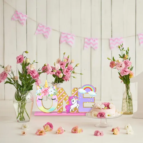 Vista 7 de Decoraciones de cumpleaños de unicornio, letrero de una letra de unicornio para el primer cumpleaños, centro de mesa de madera de una mesa