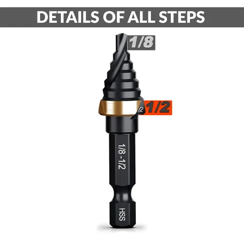 Vista 3 de THINKWORK Broca de Paso de Tamaño Único HSS, Broca de Paso HSS de 1/2", Unibit, Brocas de Paso de Vástago de 1/4" para Metal Suave, Acero, Madera