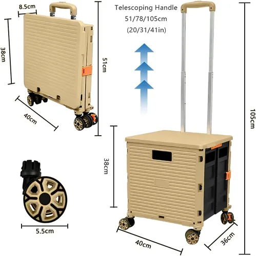 Vista 5 de Carrito plegable con ruedas, resistente al desgaste, sin ruido, carrito de compras con ruedas para comestibles, caja de herramientas de Caqui