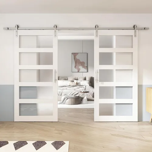 BARNSMITH Puerta de granero de doble vidrio de 64 x 84 pulgadas con kit de herrajes para puerta corrediza de níquel de 11 pies incluido y asa