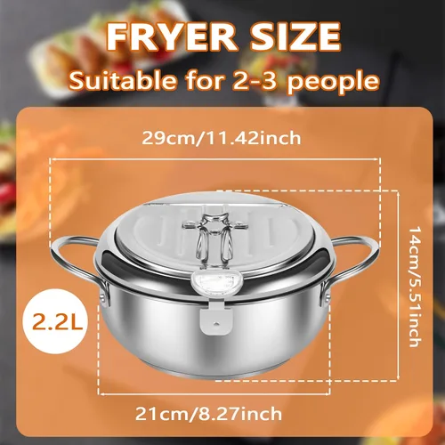 Vista 2 de Olla freidora profunda de 8.27 pulgadas/2.2 L, olla de tempura estilo Janpanese con cesta coladora y termómetro, olla profunda de acero inoxidable