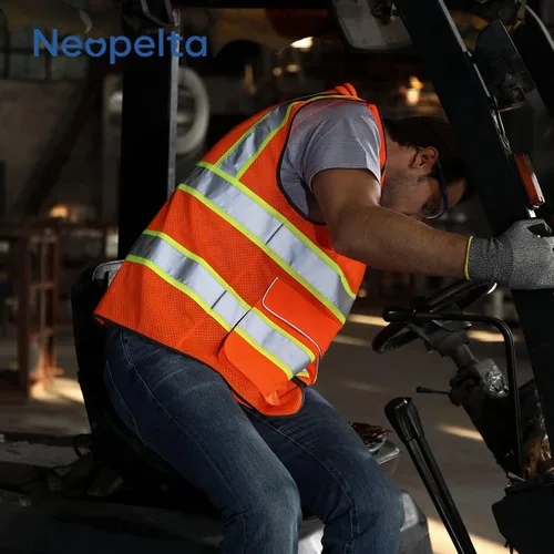 Vista 6 de Neopelta Chaleco de seguridad reflectante de malla naranja, chaleco de alta visibilidad con bolsillos y cremallera, cuello acolchado, chaleco
