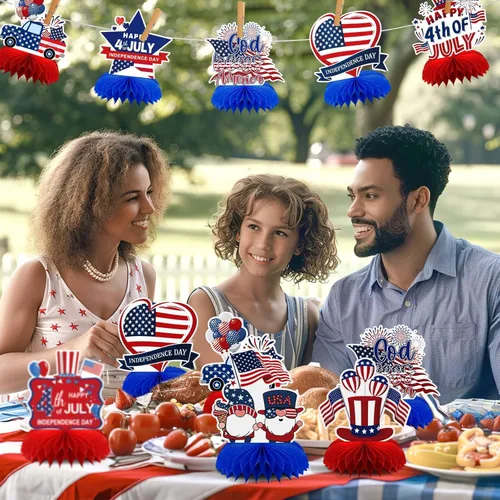 Vista 7 de Centro de mesa del 4 de julio, 10 piezas de centro de mesa patriótico, decoración de mesa para el Día de los Caídos, centros de mesa de panal azul