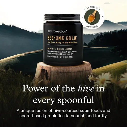 Vista 3 de Bee-Ome Gold by Enviromedica - Miel de manuka cruda sin pasteurizar con probióticos, jalea real, polen de abeja y propóleos, miel de superalimento