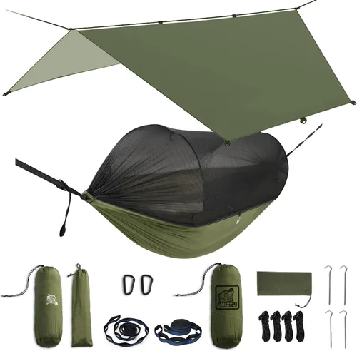Vista 9 de Miztli Hamaca de camping – Hamaca portátil con amplia red y correas de árbol con bucles ajustables, hamaca doble e individual para exteriores