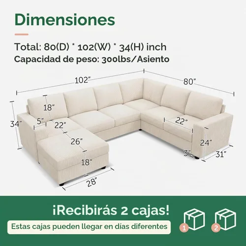 Vista 2 de HONBAY Sofá modular de pana con almacenamiento, sofá en forma de U con diván, sofá modular de 7 plazas para sala de estar, color beige
