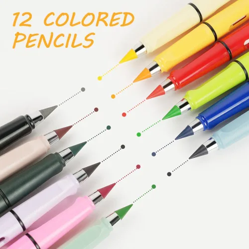 Vista 6 de Ainiv Lápiz sin tinta de color, 12 juegos de lápices infinitos reutilizables eternos con 12 puntas reemplazables de colores adicionales