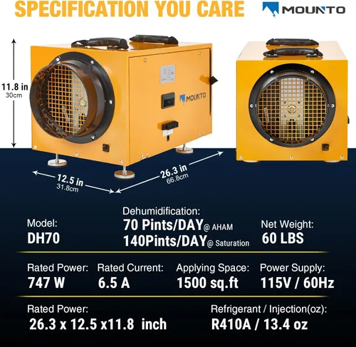 Vista 4 de MOUNTO Deshumidificador de espacio de arrastre de 140 PPD - Deshumidificador comercial de sótano con descongelación automática, diseño compacto