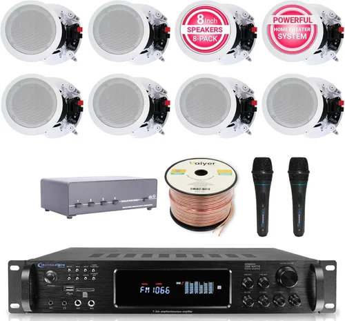 Kit de sistema de audio para el hogar, amplificador Bluetooth de 7.2 canales de 1500 W con 8 altavoces de techo enmarcados de 8 pulgadas de 300 W