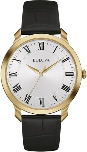 Bulova Reloj clásico de tres manecillas para hombre, de cuarzo, correa de cuero negro, marcadores de números romanos, 41mm Tono dorado