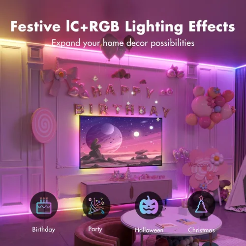 Luces LED de 65.6 pies para dormitorio, tira de luces LED con sincronización de música, cambio de color IC+RGB con control remoto y aplicación, tira