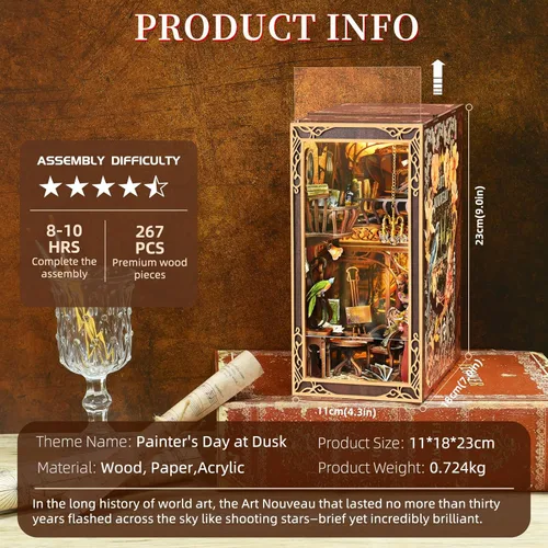 Vista 2 de MiniCity - Kit de rincón de libros en miniatura, rompecabezas de madera 3D con luz LED para decoración de estantería (Día del pintor al anochecer)