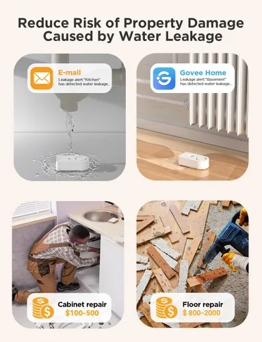 Vista 6 de Govee Sensor de agua wifi, paquete de 1, detector inteligente de fugas de agua, alarma ajustable de 100 dB adecuada para el hogar y sótano, alerta