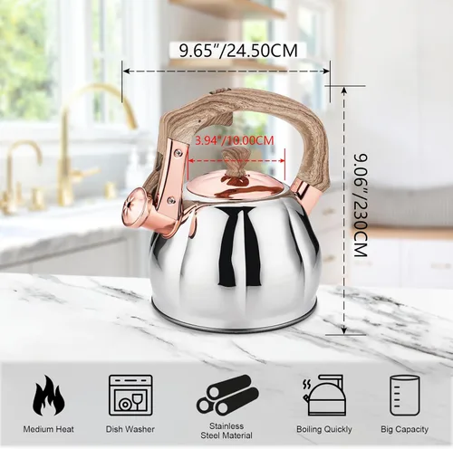 Vista 5 de Hervidor de té de acero inoxidable para estufa con mango ergonómico a prueba de calor y silbato de 2.5 cuartos