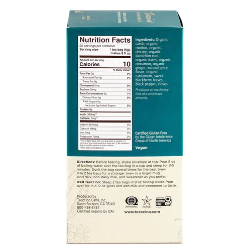Vista 7 de Teeccino Té Chai rojo de diente de león, 25 bolsas de té, sin cafeína, té de hierbas tostadas con prebióticos, 3 veces más hierbas que las bolsas