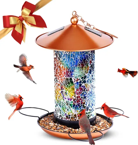 Ottsuls - Alimentador solar para pájaros para colgar al aire libre, alimentador de pájaros de mosaico lujoso de metal, linterna vintage, regalo