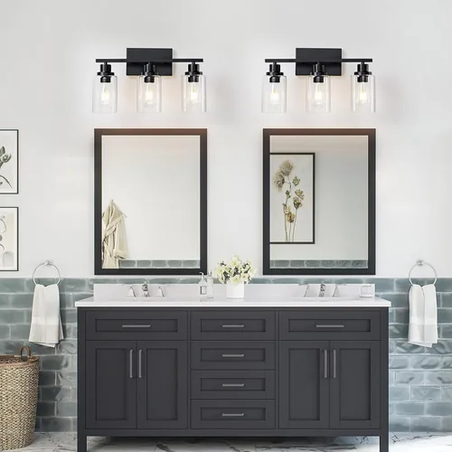 Vista 7 de Lámparas de Baño de 3 Luces Negras para Vanidad Sobre Espejo Apliques de Pared de Iluminación Moderna de Casa de Campo Lámpara de Pared Industrial