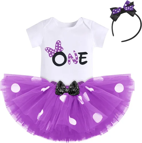 Vista 2 de IBTOM CASTLE Conjunto de falda de princesa para bebé niña de 1, 2 y 3 cumpleaños, con lunares, vestido tutú, diadema, falda de princesa, sesión