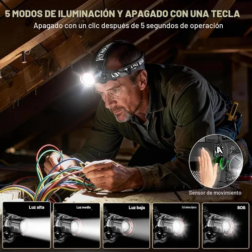 Vista 4 de ATDOALL Linterna frontal LED superbrillante, lámpara de cabeza recargable de alto lúmenes con sensor de movimiento, 5 modos, IPX5 impermeable, 90°