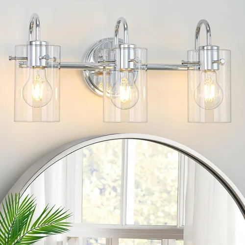 Vista 9 de Lámpara de tocador de baño de 3 luces, accesorios de pared de baño negros y dorados con pantalla de vidrio transparente, apliques de pared modernos