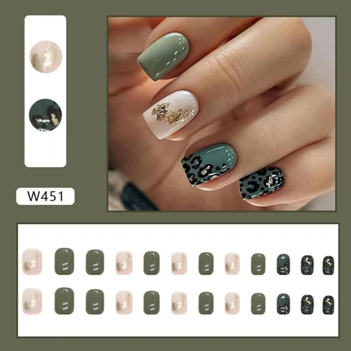 Vista 6 de Uñas cortas a presión, cuadradas, con estampado de leopardo verde, acrílico, cubierta completa, falsas con lámina dorada, diseños gráficos