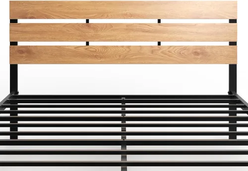 Vista 4 de BONSOIR Base de cama tamaño King con plataforma de acero estable con cabecero de madera/estribo, no necesita somier, fácil montaje, sin chirridos