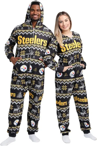 Vista 23 de FOCO Unisex NFL Team Logo Pajamas One Piece Onesie Patrón feo navideño