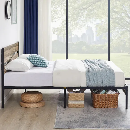 Vista 6 de VECELO - Base de cama con plataforma tamaño matrimonial con cabecera de madera, base de colchón, soporte de listones de metal fuerte, no necesita