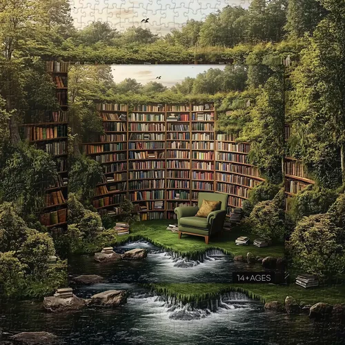 Vista 3 de PICKFORU Rompecabezas de biblioteca natural para adultos de 1000 piezas, rompecabezas vintage de estantería de bosque, rompecabezas de paisaje