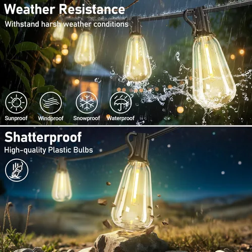 Vista 6 de 100 pies de luces de cadena solar para exteriores con control remoto, luces LED recargables por USB para patio con 52 bombillas ST38 Edison