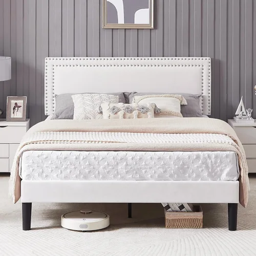 Vista 3 de VECELO Marco de cama tamaño completo con cabecera tapizada ajustable, plataforma de listones de madera, diseño sin ruido, no necesita somier, fácil