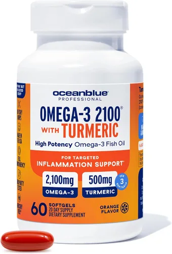 Oceanblue Aceite de pescado Omega-3 de triple fuerza 2100 con cúrcuma | Suplemento combinado Omega 3 sin erupciones con curcumina EPA DHA DPA |