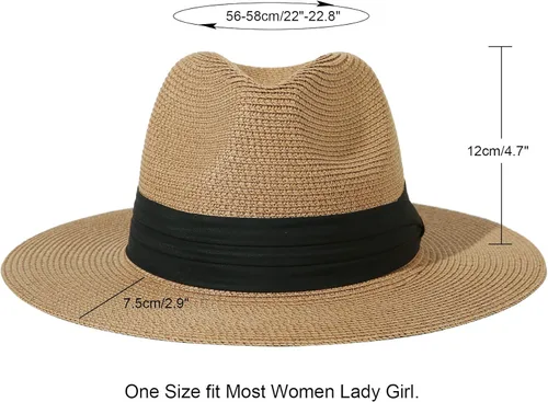 Vista 2 de Lanzom Women Wide Brim Straw Panama Roll up Hat Fedora Beach Sun Hat UPF50