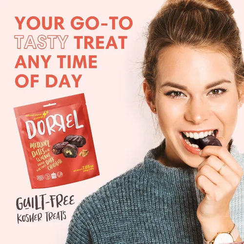 Vista 5 de DORREL - Dátiles cubiertos de chocolate negro belga (Medjool) con relleno de nueces, aperitivo de chocolate vegano de alta energía, delicioso