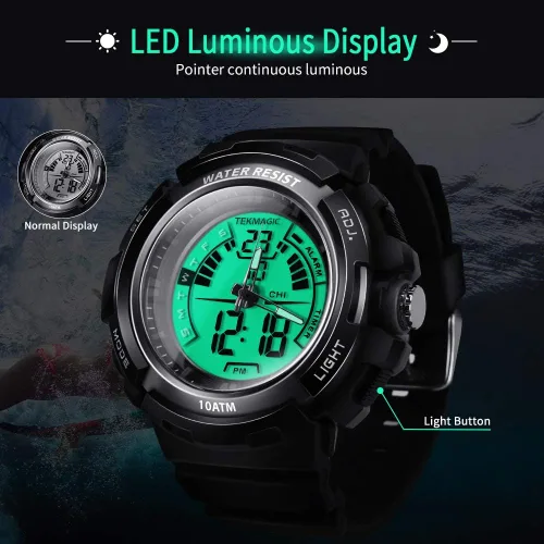 Vista 8 de Reloj de buceo digital impermeable 10ATM 328.1 ft bajo el agua para nadar y correr con cronómetro y pantalla LCD luminosa incorporada, Reloj