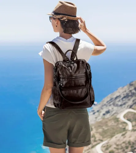 Vista 2 de UTO Mochila de cuero vegano para mujer, diseño de moda, convertible con borla, para viajes, con borla