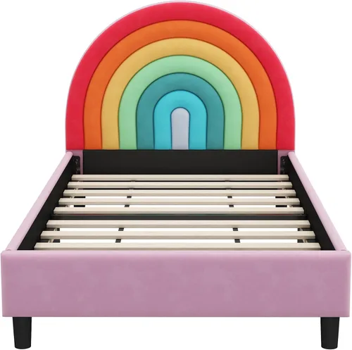 Vista 7 de SOFTSEA Base de cama tamaño individual con diseño de arco iris para niños, cama tapizada individual con cabecera arcoíris, cama de princesa, linda
