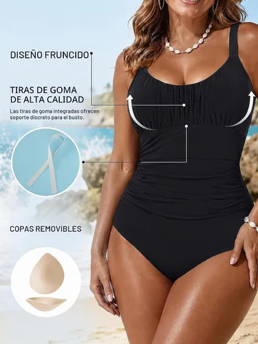 Vista 4 de Traje de baño de una pieza para mujer, con control de abdomen, traje de baño con arrugas Negro
