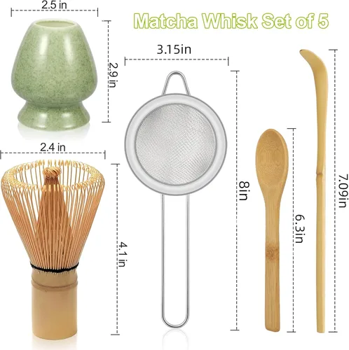 Vista 3 de Juego de 5 batidores de bambú matcha, batidor de matcha, soporte de cerámica (verde), tamiz, cuchara de té tradicional y cuchara de té, ceremonia