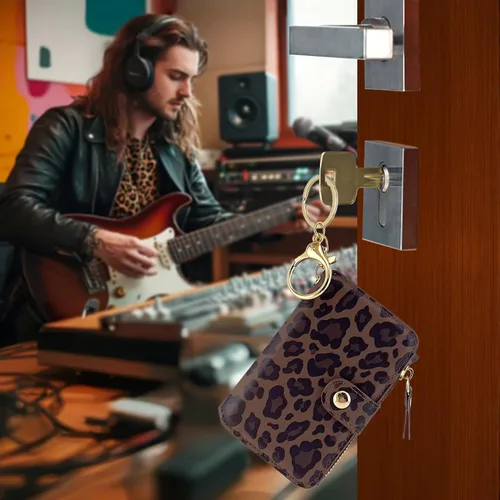 Vista 5 de Cartera con llavero, tarjetero con bloqueo RFID de piel, funda para tarjetas de crédito con cremallera para mujer