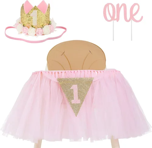 Vista 7 de Decoración de primer cumpleaños para niña, falda tutú para silla alta con corona número 1, decoraciones de primer cumpleaños para niñas bebés