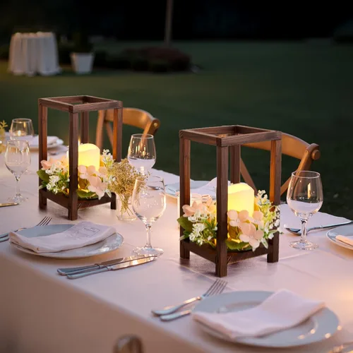 Vista 8 de VEVOR Juego de 10/30 centros de mesa de madera para bodas, incluye 10 faroles de madera, 10 velas LED sin llama, 10 coronas de flores de champán