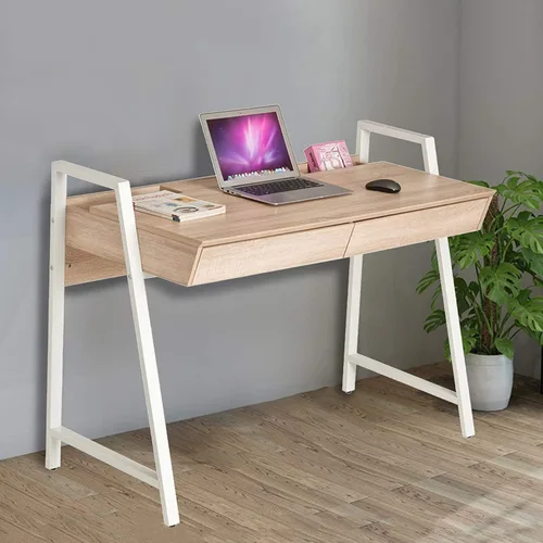 Vista 2 de Escritorio de madera para computadora con dos cajones, estación de trabajo, estudio, escritorio de oficina en casa, patas de metal blanco