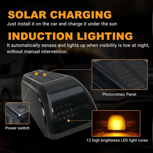 Vista 5 de FLYANT 5 luces solares sin taladro, 12 luces LED de marcación de techo IP68, resistente al agua, compatible con Ford Dodge, camiones, camionetas