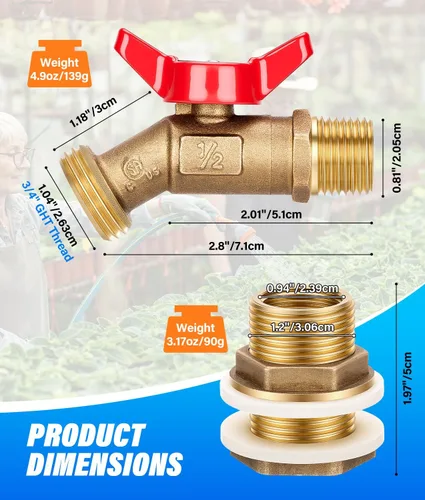 Vista 2 de WADEO Espiga de barril de lluvia, grifo de agua de latón para barril de lluvia, kit de grifo de agua de lluvia con accesorio de mamparo y cinta